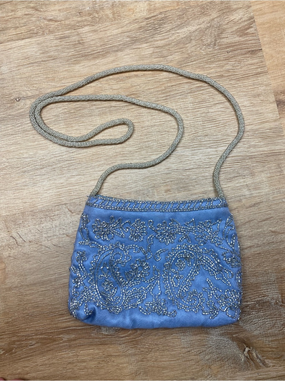 Vintage 90s 100% Silk Beaded Evening Bag Blue